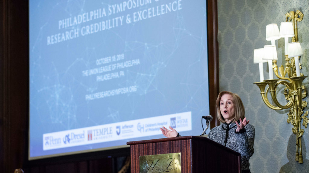 Dawn Bonnell opened the mid-October Philadelphia Symposium on Research Credibility & Excellence, which was organized in conjunction with Temple, Jefferson, Drexel universities and the Wistar Institute and Children’s Hospital of Philadelphia. The event is part of Penn’s two-year Research Excellence Initiative.